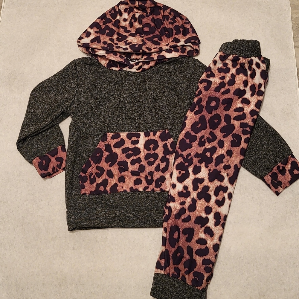 Grey/leopard print pullover hoodie with matching joggers